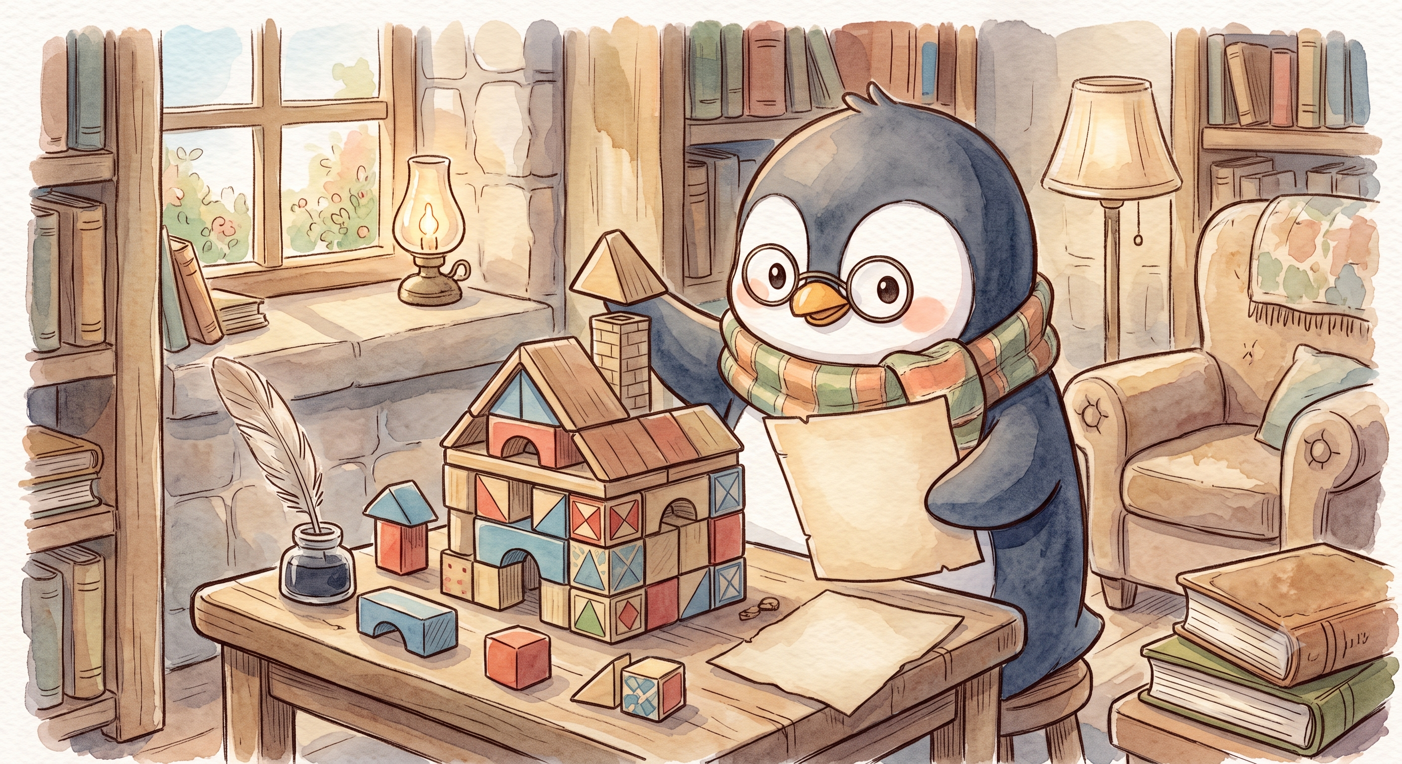 Een pinguïn-agent leest een instructiekaart en bouwt blokken tot een huis